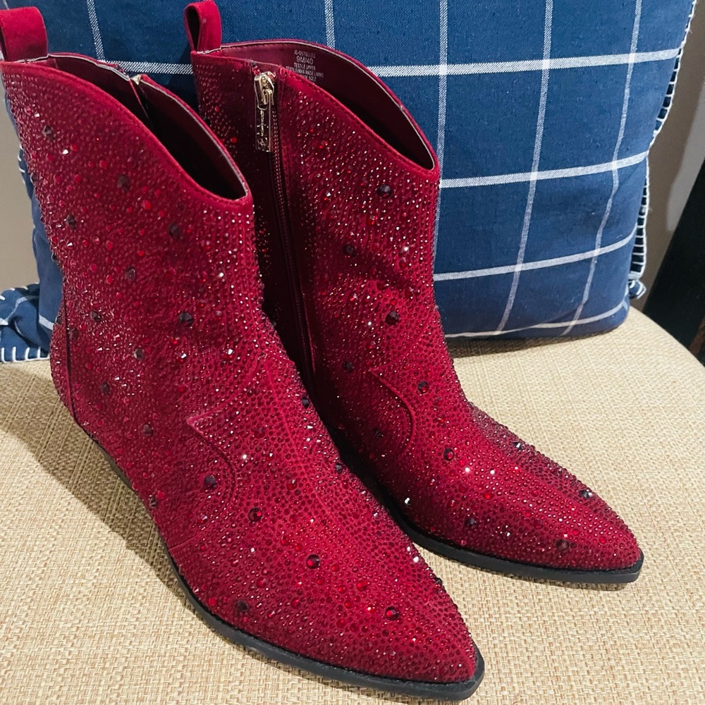 Red/Burgundy Rhinestone Ankle Boots